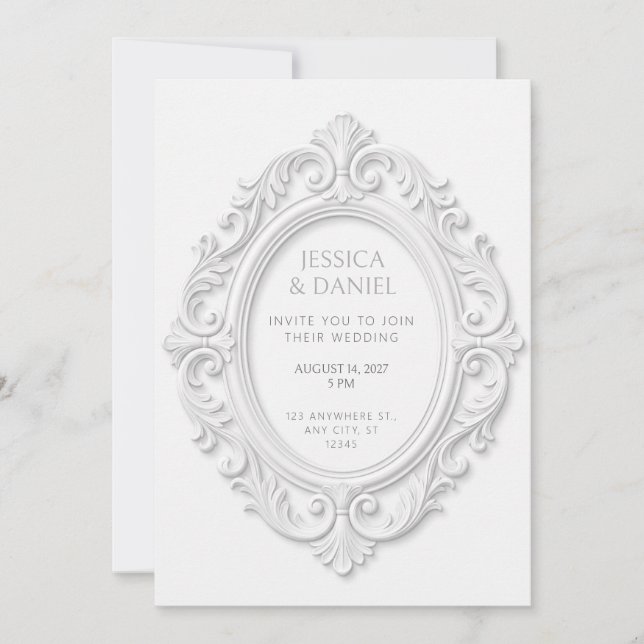 Invitation Cadre de médaillon ovale rococo embossé blanc (Devant)