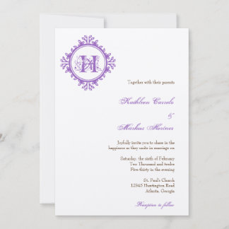 Invitation Cadre de monogramme de mariage aux feuilles violet