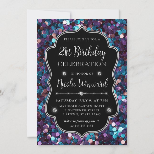 Invitation Cadre de naissance avec paillettes de sirène viole (Devant)
