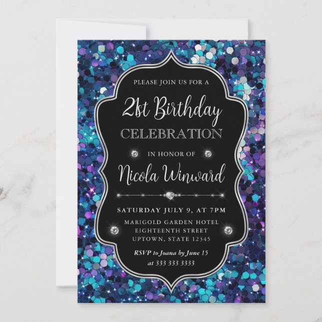 Invitation Cadre de naissance avec paillettes de sirène viole (Devant)