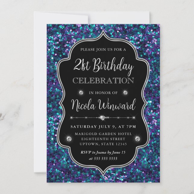 Invitation Cadre de naissance avec sequins de sirène bleu et  (Devant)