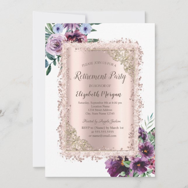 Invitation Cadre de Parties scintillant de fleurs violettes,  (Devant)