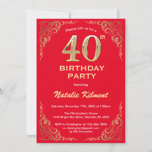 Invitation Cadre de Parties scintillant rouge et or 40e anniv