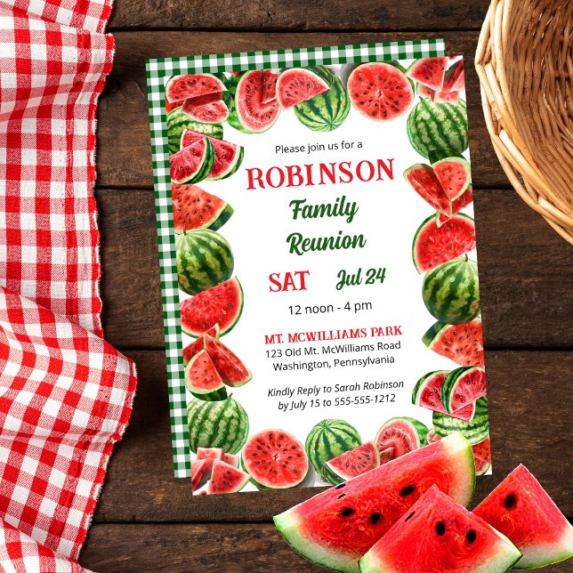 Invitation Cadre de pastèques d'été | Chèques Réunion familia (Fresh Summer Watermelons Frame | Back Green and White Gingham Checks Family Reunion Invitation)