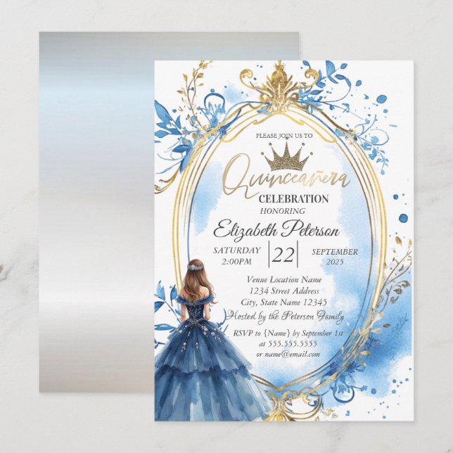 Invitation Cadre de princesse en robe bleue (Devant / Derrière)