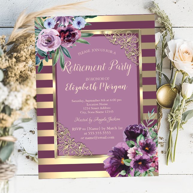 Invitation Cadre de rayures dorées Fleurs violettes Retraite (Créateur téléchargé)