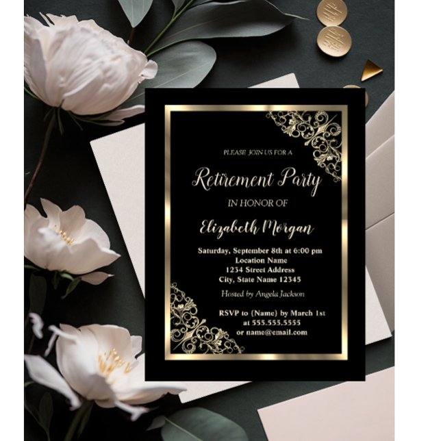 Invitation Cadre de retraite floral or élégant (Créateur téléchargé)