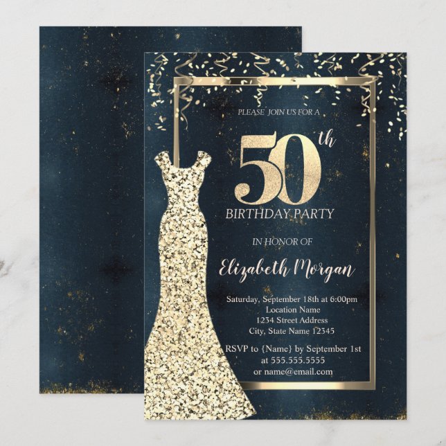 Invitation Cadre de robe à sequins dorés, Bleu foncé 50e anni (Devant / Derrière)