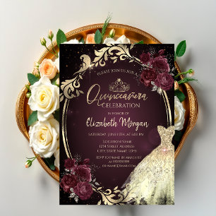 Invitation Cadre de robe doré Roses bordeaux Quinceañera
