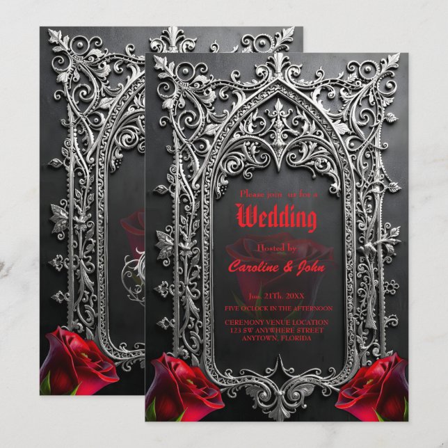 Invitation Cadre de rose de mariage gothique élégant  (Devant / Derrière)