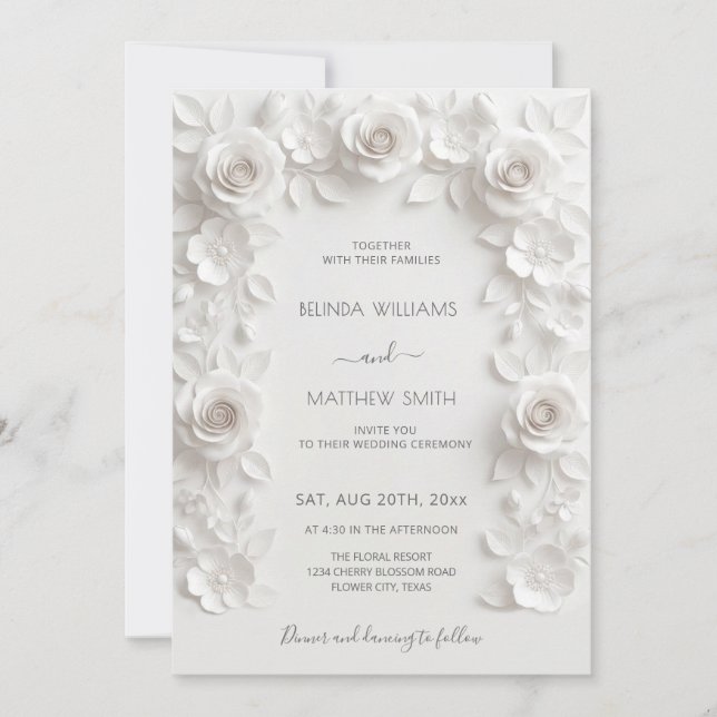 Invitation Cadre de roses 3D blanches Mariage Simple (Devant)