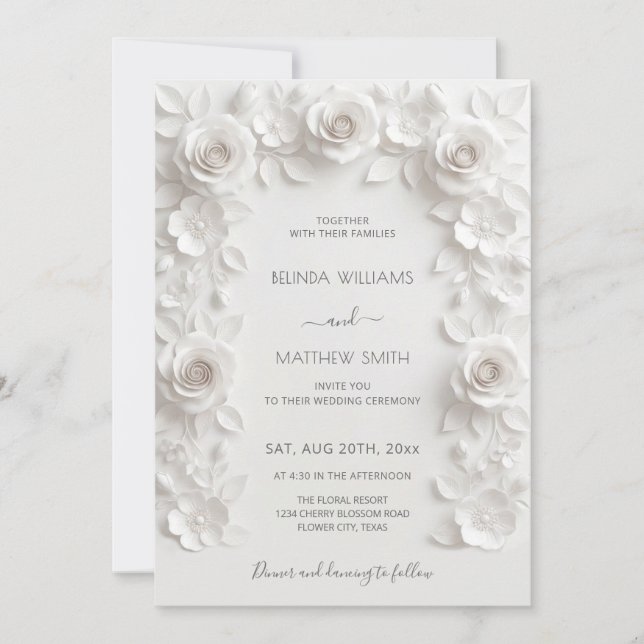 Invitation Cadre de roses 3D blanches Mariage Simple (Devant)