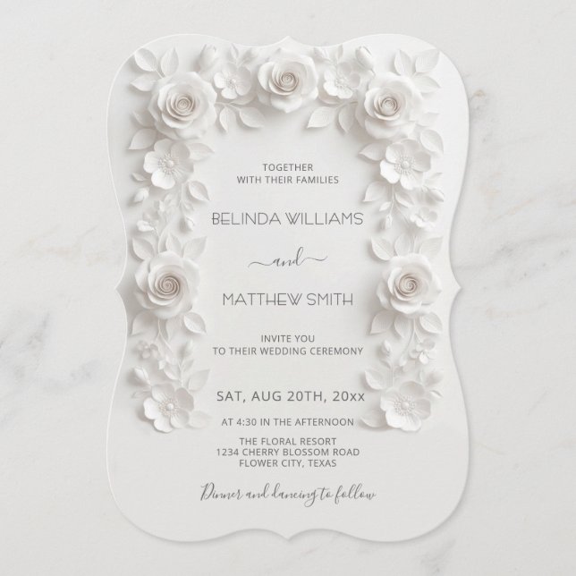 Invitation Cadre de roses en relief faux blanc mariage minima (Devant)