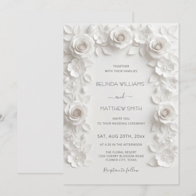 Invitation Cadre de roses en relief faux blanc mariage minima (Devant / Derrière)