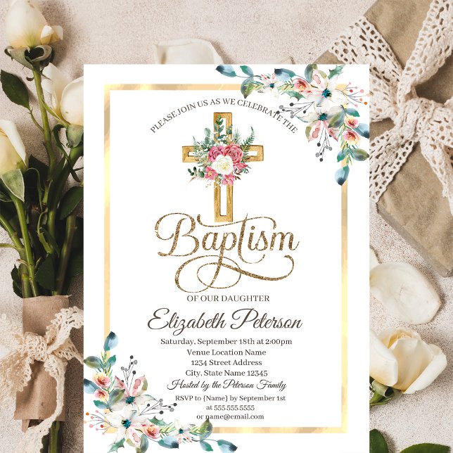 Invitation Cadre de roses florales croisées Baptême (Créateur téléchargé)