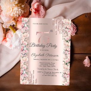 Invitation Cadre de roses gouttes de rose or 75e anniversaire