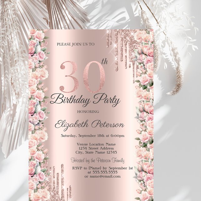 Invitation Cadre de roses gouttes d'or rose 30e anniversaire  (Créateur téléchargé)