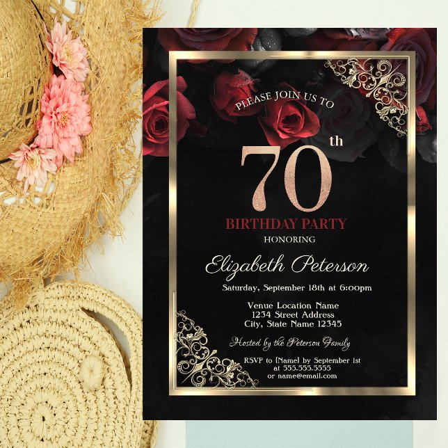Invitation Cadre de roses rouges élégantes pour 70e anniversa (Créateur téléchargé)