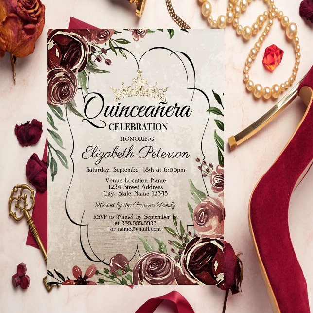 Invitation Cadre de roses rouges pour Quinceañera   (Créateur téléchargé)