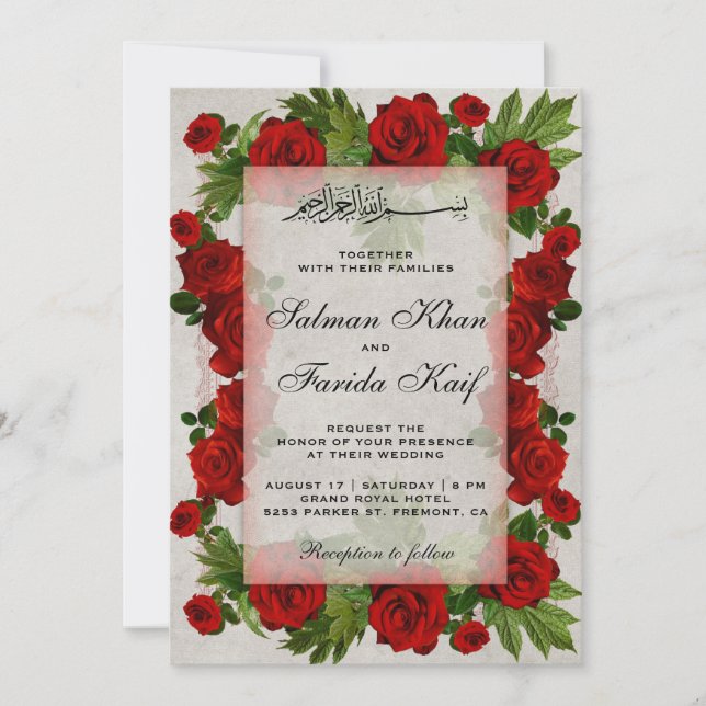 Invitation Cadre de roses rouges romantiques Mariage islamiqu (Devant)