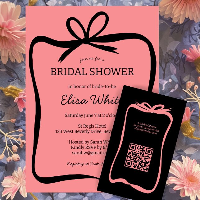 Invitation Cadre de ruban Bow Elegant Fête des mariées PERSON (Bow Ribbon Frame Elegant Bridal Shower CUSTOM Invitation Pink BLack )