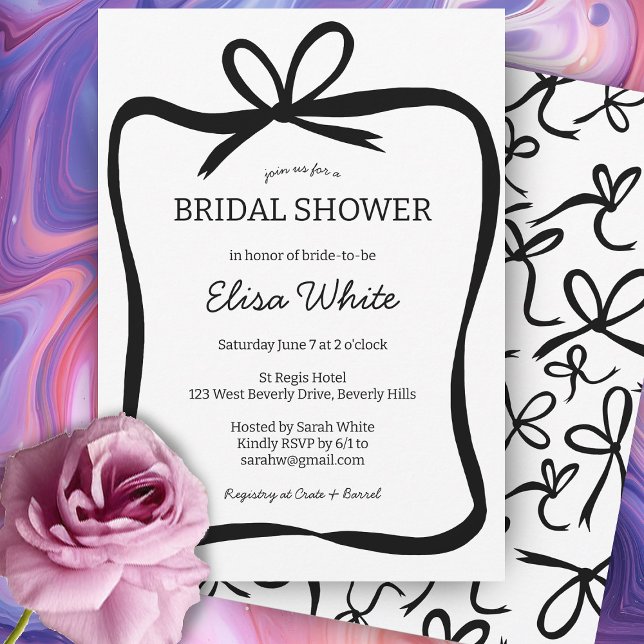 Invitation Cadre de ruban Bow Elegant Fête des mariées PERSON (Bow Ribbon Frame Elegant Bridal Shower CUSTOM Invitation
Black and White Simple Cute Party Invite )
