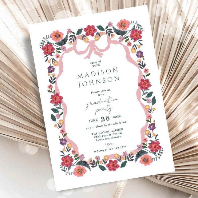 Invitation Cadre de ruban de fête de remise des diplômes flor (Floral Graduation Party Ribbon Frame Invitation)