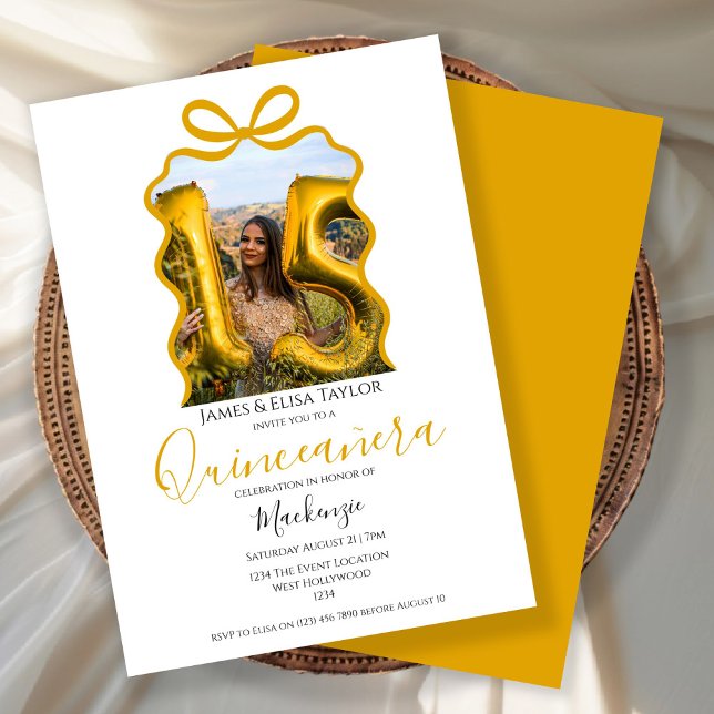 Invitation Cadre de ruban moderne Quinceanera (Quinceanera Modern Ribbon Frame Invitation by Ricaso. A simple trendy photo template.  15 year old)