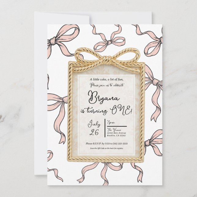 Invitation Cadre de ruban rose en arc d'or 1er anniversaire (Devant)