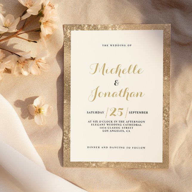 Invitation Cadre de scintillement doré glamour écriture calli (Glam gold glitter frame script calligraphy Wedding)