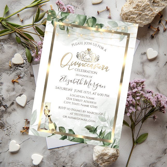 Invitation Cadre de verdure d'eucalyptus pour vin Quinceanera (Créateur téléchargé)