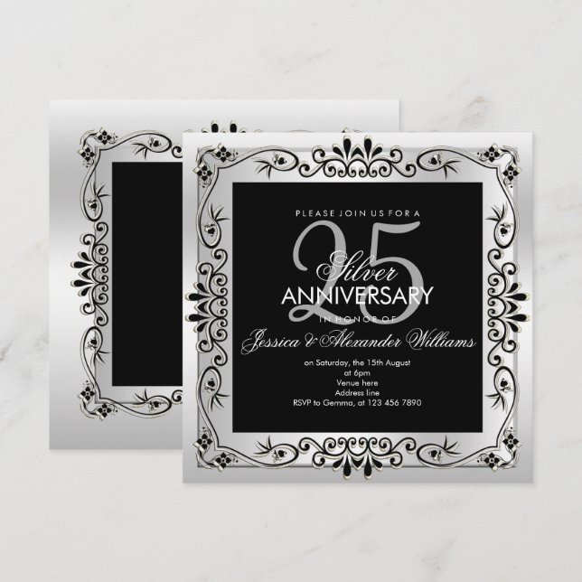 Invitation Cadre décoratif argenté chic pour 25e anniversaire (Devant / Derrière)