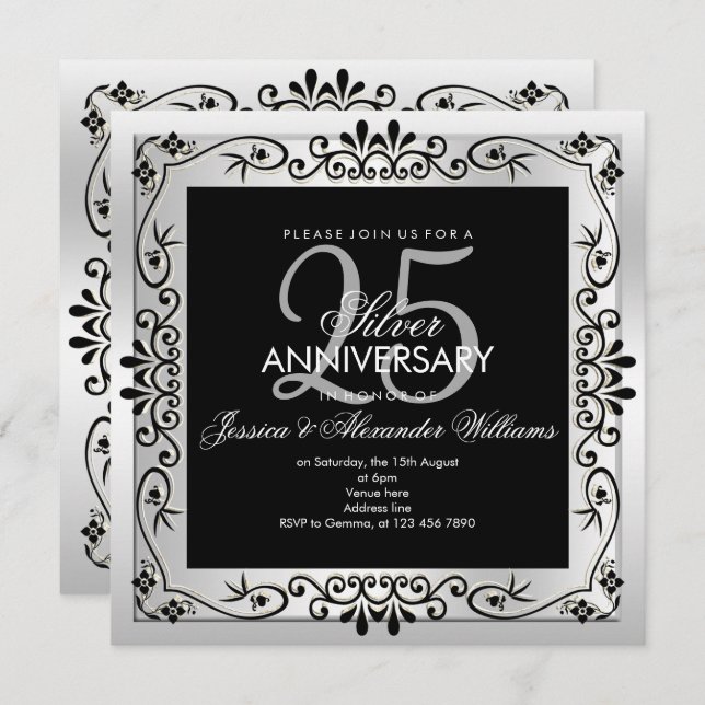 Invitation Cadre décoratif argenté élégant pour 25e anniversa (Devant / Derrière)