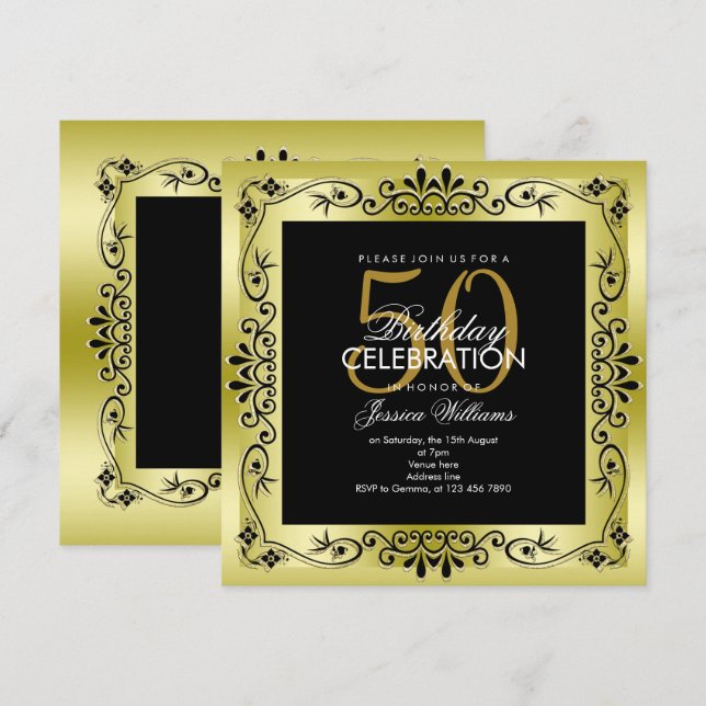 Invitation Cadre décoratif or classe pour 50e anniversaire (Devant / Derrière)