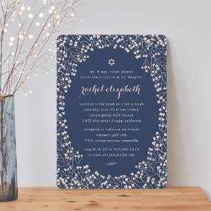 Invitation Cadre délicat   Bat mitzvah floral Blush & Navy