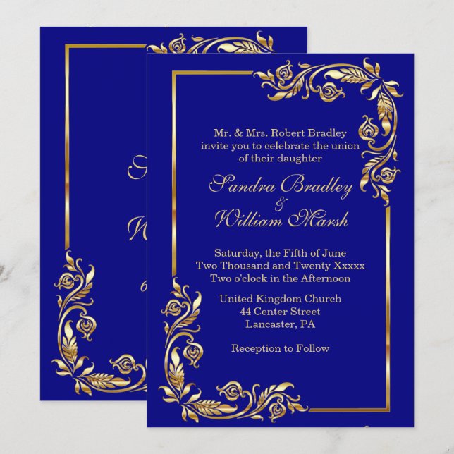 Invitation Cadre d'or Elégant bleu marine avec impression or (Devant / Derrière)
