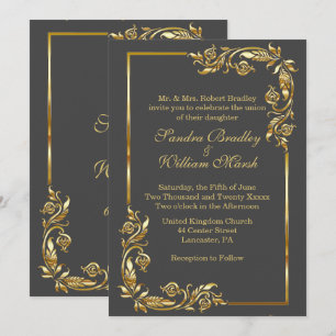 Invitation Cadre d'or Elégant Gris de Charbon avec impression