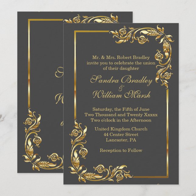 Invitation Cadre d'or Elégant Gris de Charbon avec impression (Devant / Derrière)