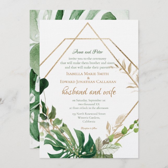 Invitation Cadre d'or géométrique Tropical Green Palm Feuille (Devant / Derrière)
