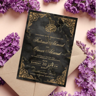 Invitation Cadre d'or Marbre noir Mariage musulman islamique