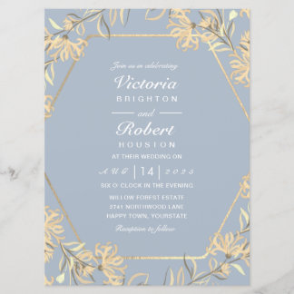 Invitation Cadre doré à fleurs bleues Dusty Mariage Invitatio