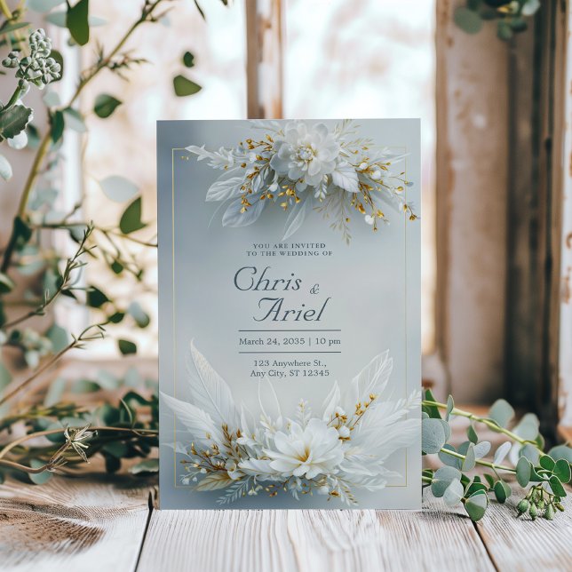 Invitation Cadre doré à plume florale blanche Élégant mariage (Créateur téléchargé)