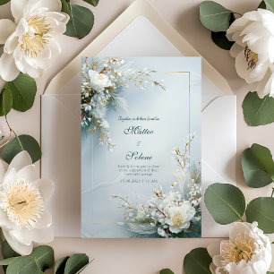Invitation Cadre doré à plumes florales blanches Élégant mari