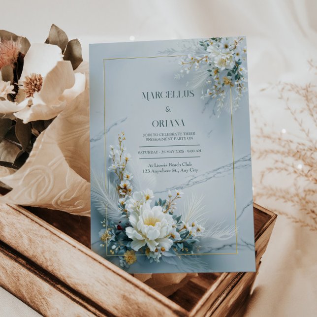 Invitation Cadre doré à texture de marbre et fleurs blanches  (Créateur téléchargé)