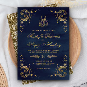 Invitation Cadre doré antique mariage islamique bleu marine