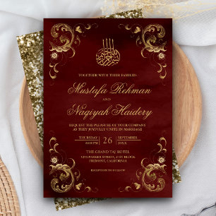 Invitation Cadre doré antique Mariage islamique rouge bordeau