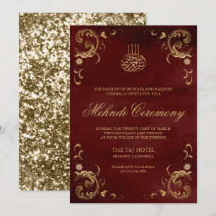 Invitation Cadre doré antique Rouge Bourgogne Mehndi Islamiqu