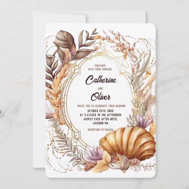 Invitation Cadre doré aux algues et coquillages Mariage plage (Devant)