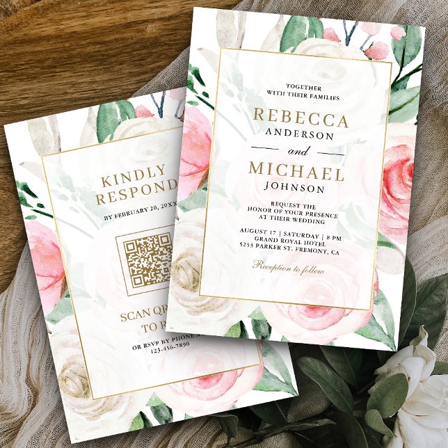 Invitation Cadre doré avec code QR Fleurs roses et ivoire Mar (Créateur téléchargé)