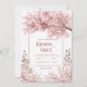 Invitation Cadre doré avec élégante floraison de cerisier ros